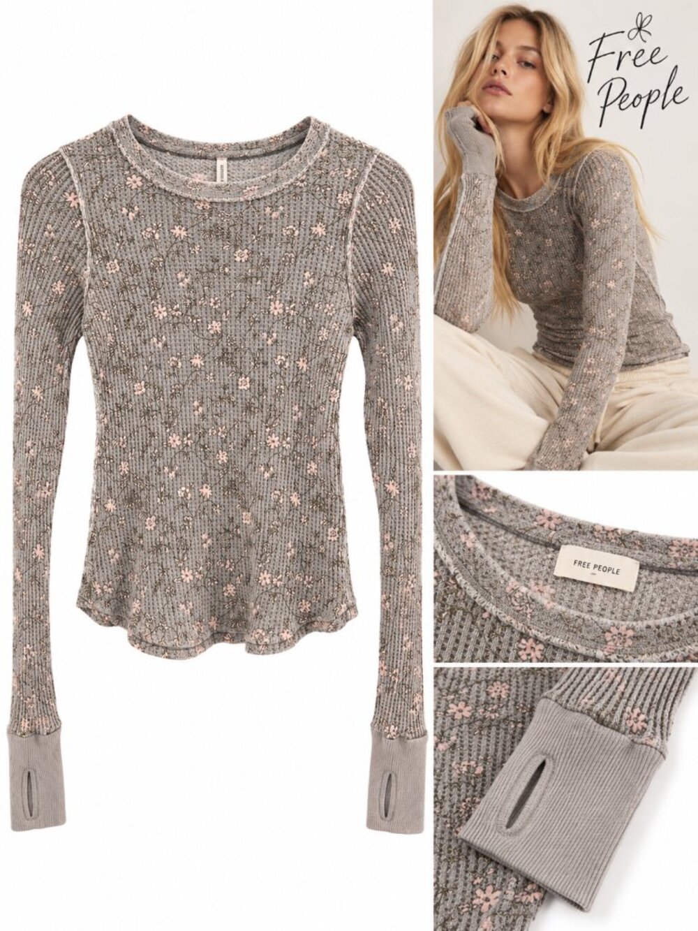 🌸 FREE PEOPLE Floral Waffle Knit Thermal Top | Boho Chic Perfection! 🌸